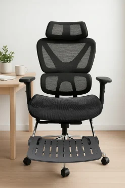 Fotel biurowy ergonomiczny krzesło zagłówek regulacja podnóżek KB106 czarny