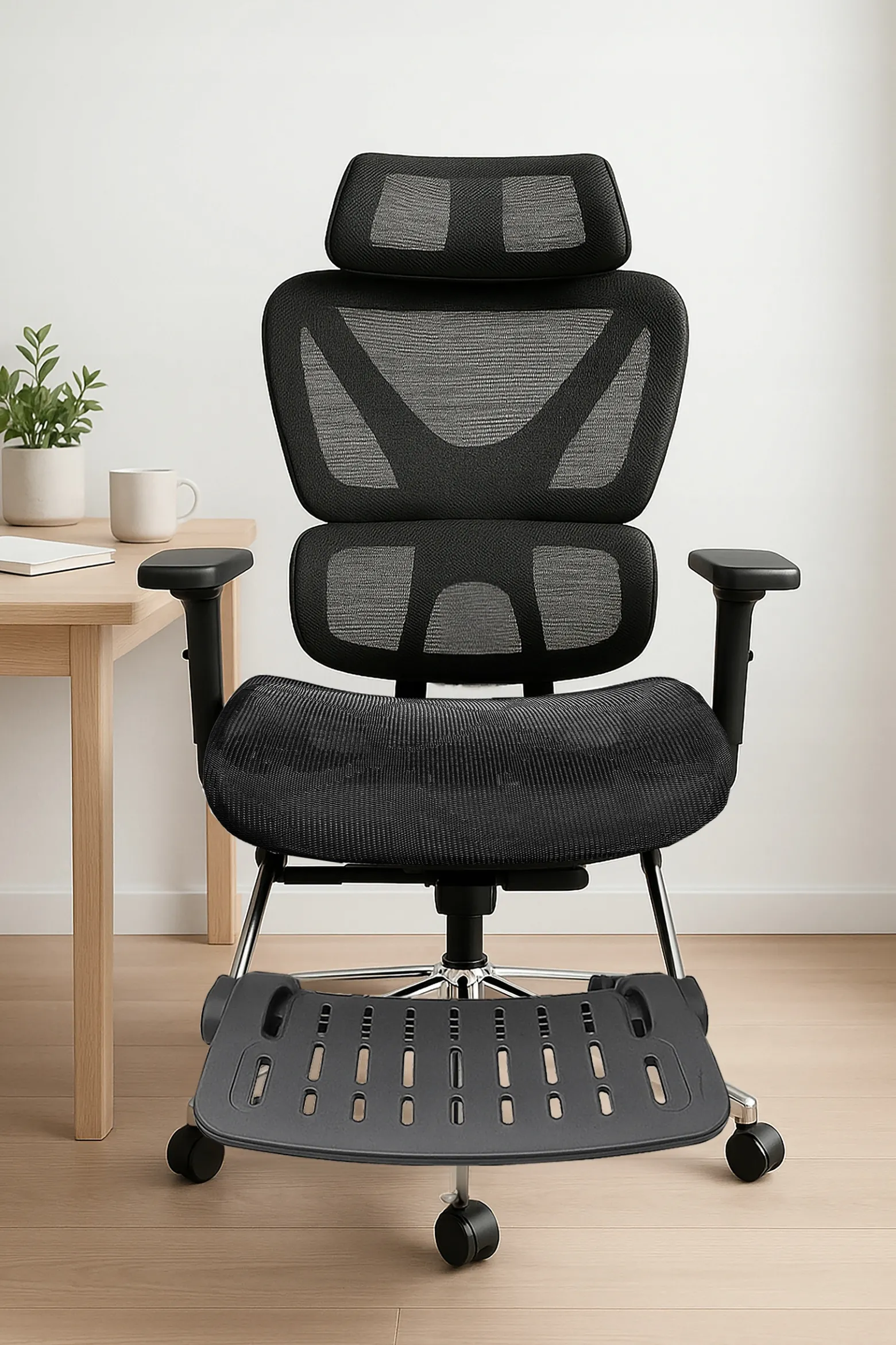 Fotel biurowy ergonomiczny krzesło zagłówek regulacja podnóżek KB106 czarny