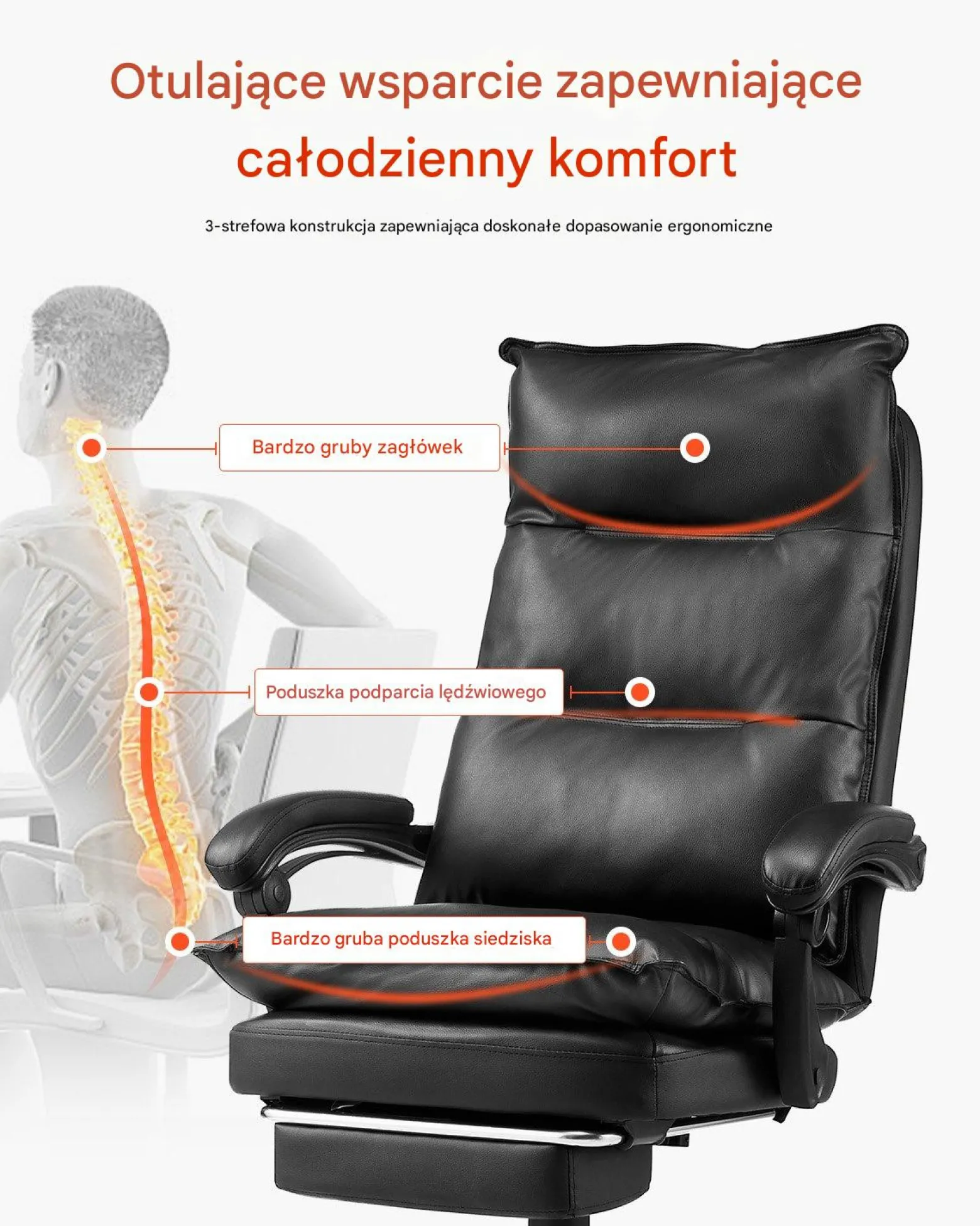 Fotel biurowy managerski z podnóżkiem i poduszką lędźwiową czarny