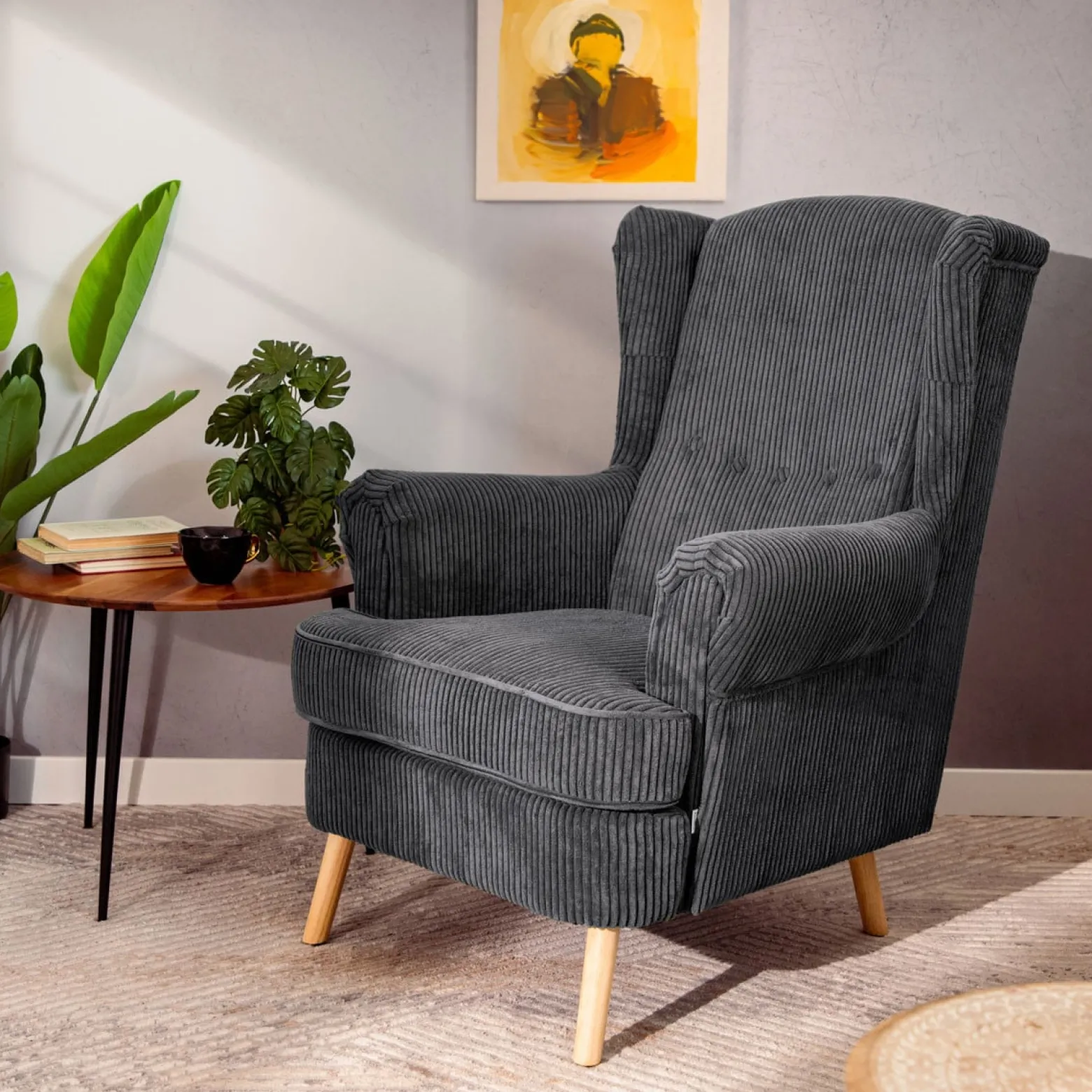Fotel FOSSBY FASO sztruksowy szary 86x85x108 cm HOMLA