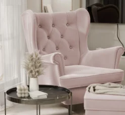 Fotel tapicerowany pikowany uszak SCANDI welur różowy