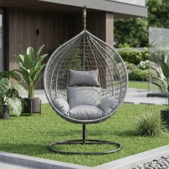 Fotel wiszący kokon ogrodowy ze stelażem poduszki szary FUNFIT GARDEN