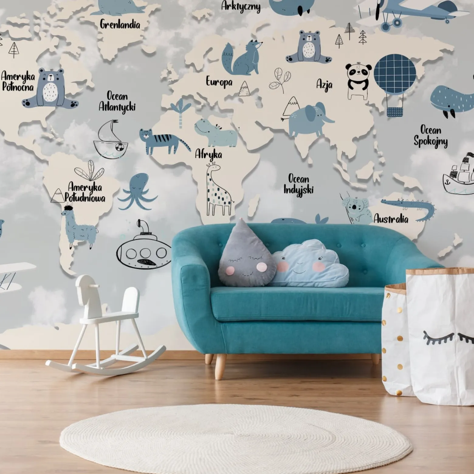 Fototapeta MAPA ŚWIATA Zwierzątka Chmury 90x60cm