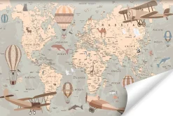 Fototapeta Mapa Świata Zwierzęta Samoloty Balony 90x60cm