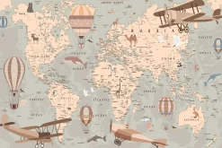 Fototapeta Mapa Świata Zwierzęta Samoloty Balony 90x60cm
