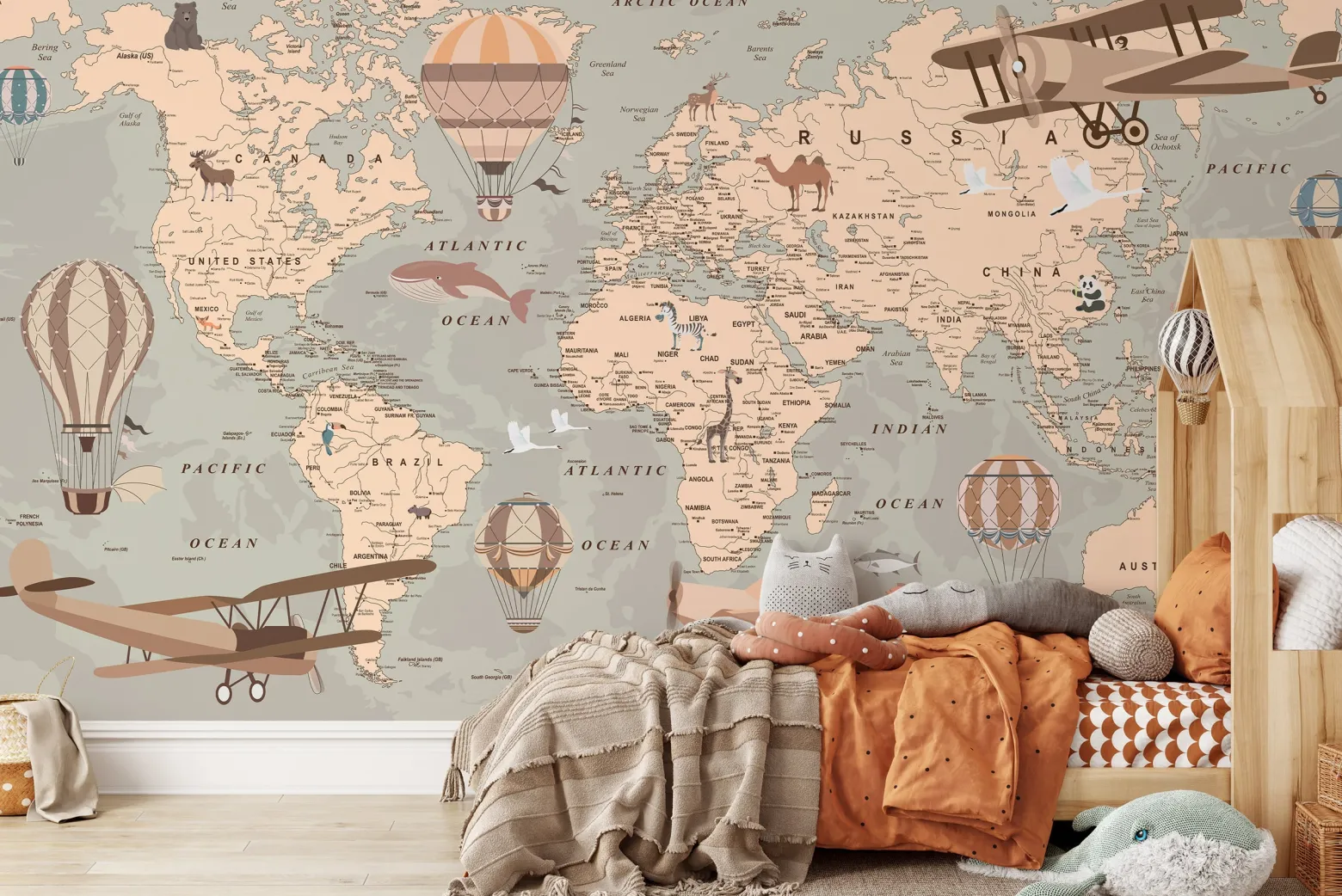 Fototapeta Mapa Świata Zwierzęta Samoloty Balony 90x60cm