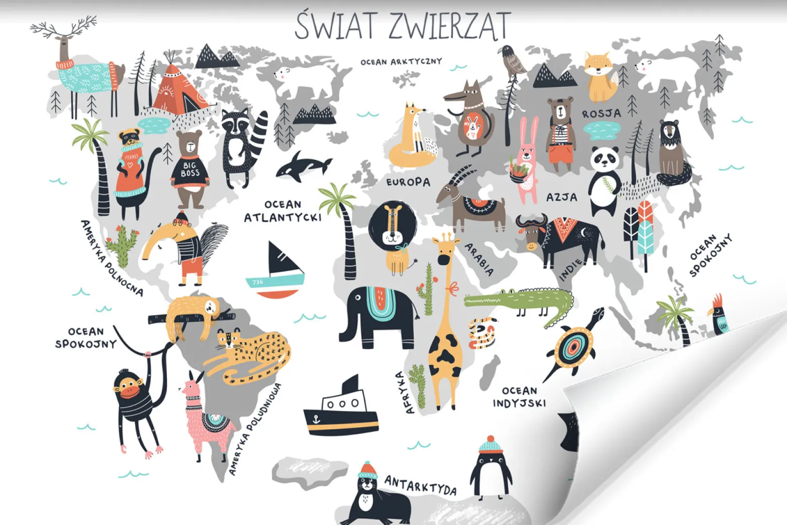 Fototapeta Ścienna MAPA ŚWIATA Zwierzątka 90x60cm