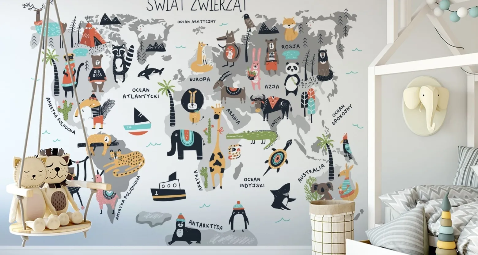 Fototapeta Ścienna MAPA ŚWIATA Zwierzątka 90x60cm