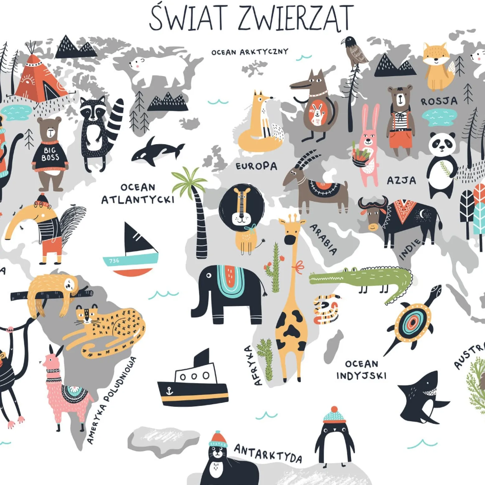 Fototapeta Ścienna MAPA ŚWIATA Zwierzątka 90x60cm