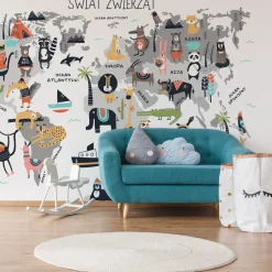 Fototapeta Ścienna MAPA ŚWIATA Zwierzątka 90x60cm