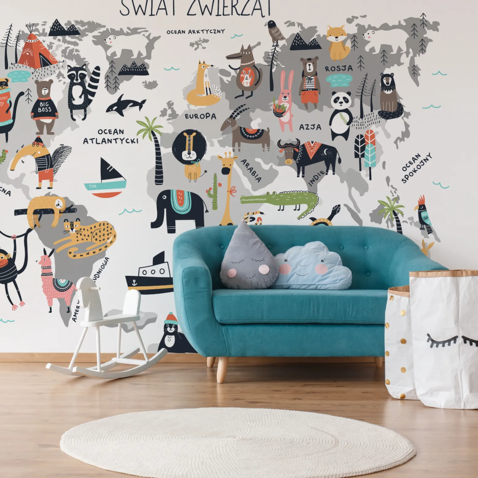 Fototapeta Ścienna MAPA ŚWIATA Zwierzątka 90x60cm