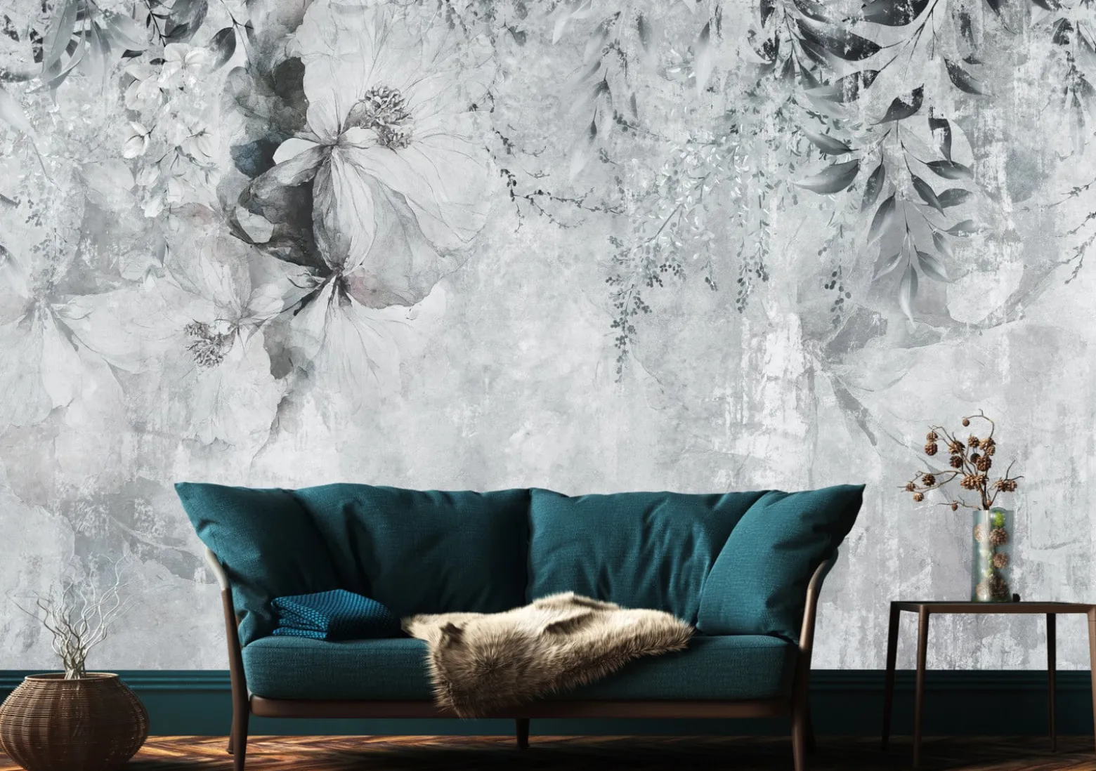 Fototapeta Delikatne Liście Na Betonie 90x60cm