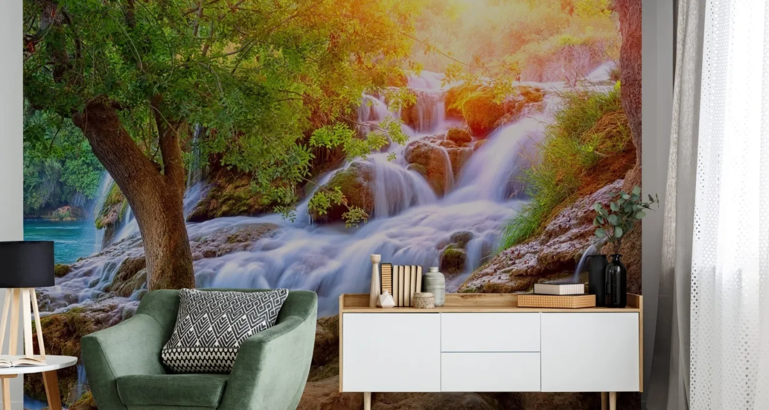 Fototapeta Słońce ZIELEŃ Wodospad Efekt 3D 90x60cm
