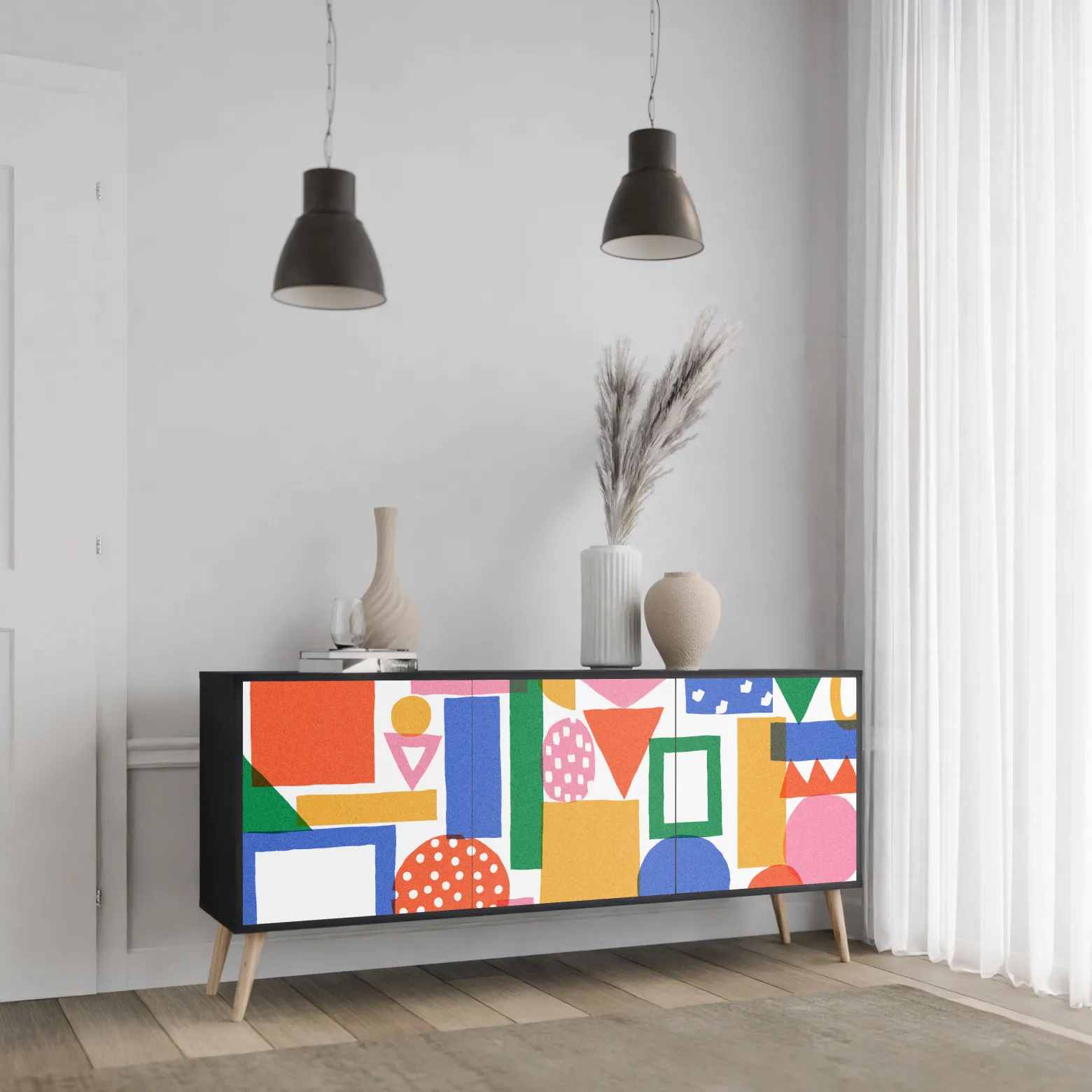 GEOMETRIC GLIMMER Komoda 3 drzwi Czarna-Bukowa skośna