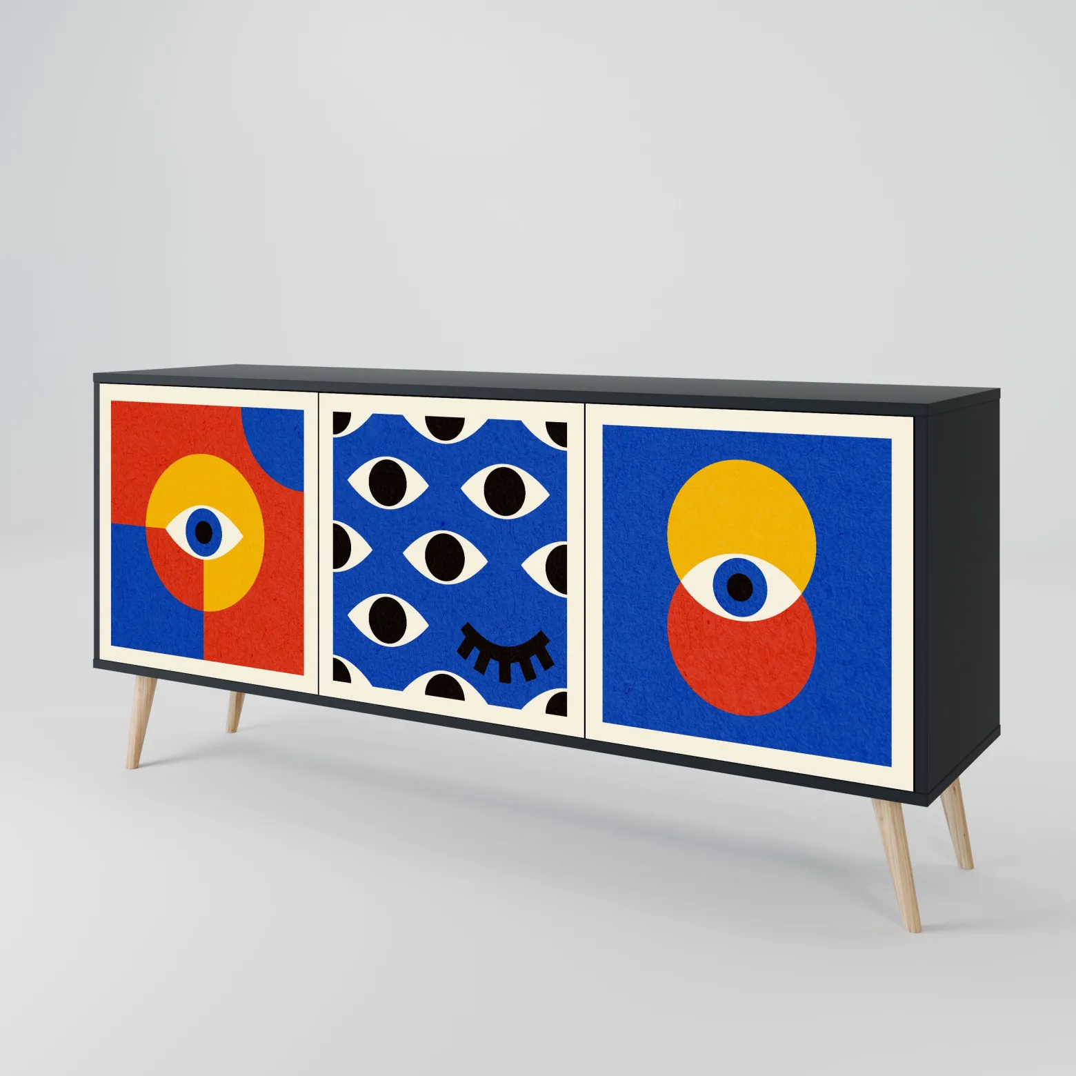 GEOMETRIC EYES Komoda 3 drzwi Czarna-Bukowa skośna