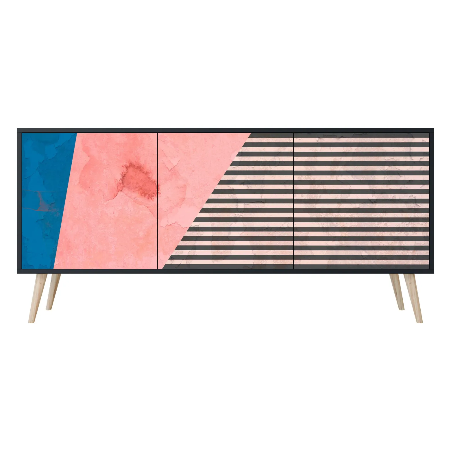 GLAMOROUS STRIPE Komoda 3 drzwi Czarna-Bukowa skośna
