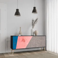 GLAMOROUS STRIPE Komoda 3 drzwi Czarna-Bukowa skośna