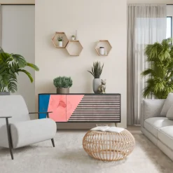 GLAMOROUS STRIPE Komoda 3 drzwi Czarna-Bukowa skośna