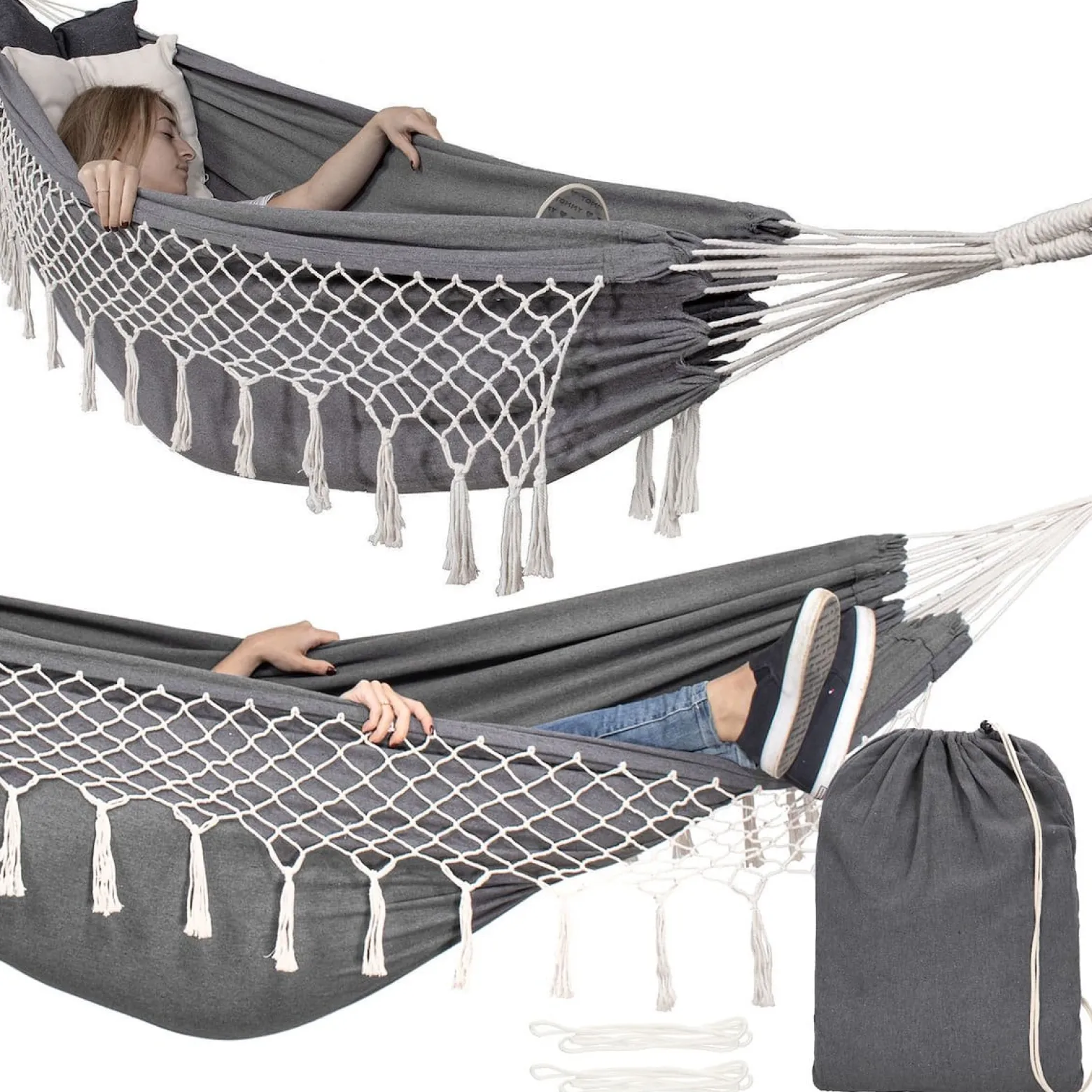 Hamak dwuosobowy bujak ogrodowy 200x150cm szarokremowy