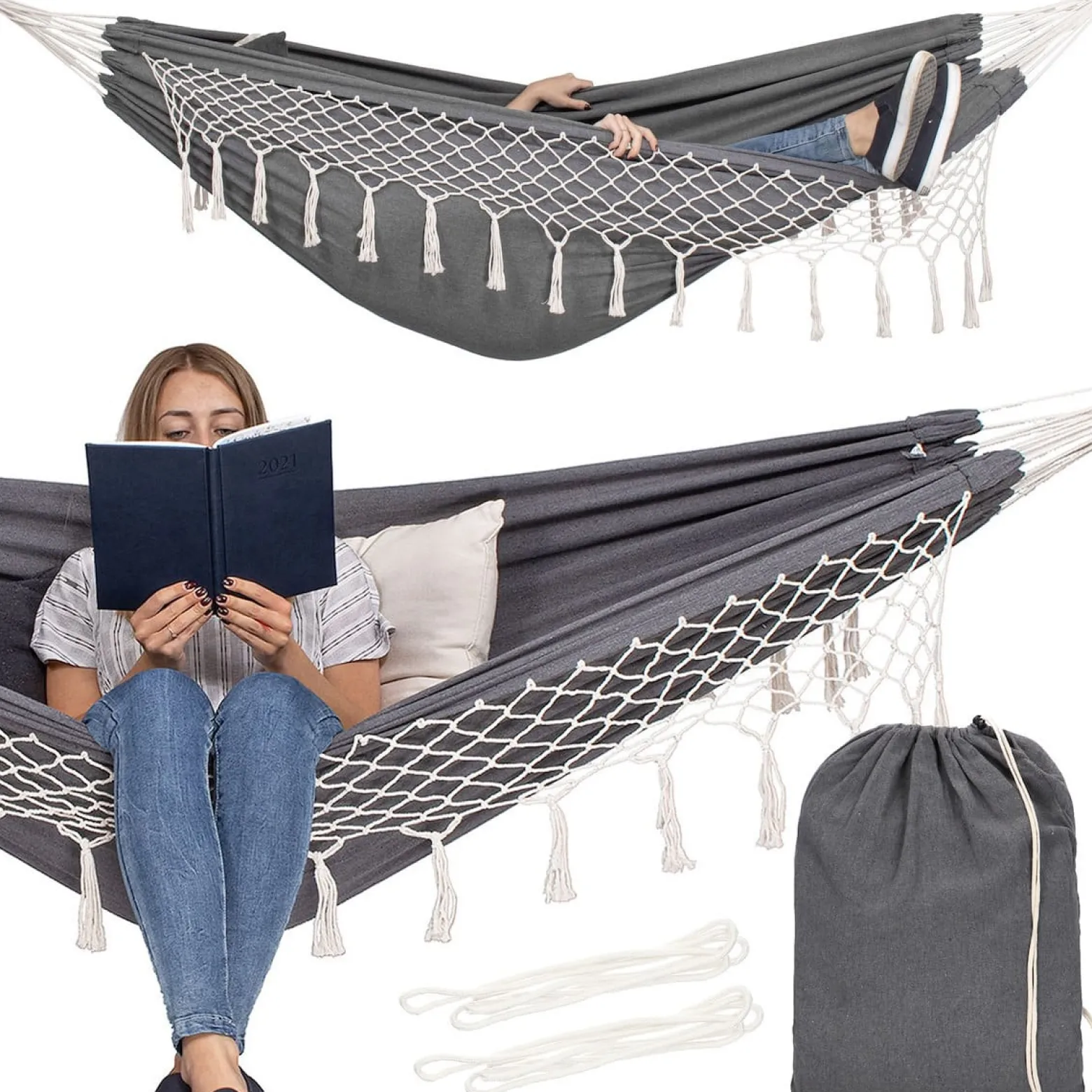 Hamak dwuosobowy bujak ogrodowy 200x150cm szarokremowy