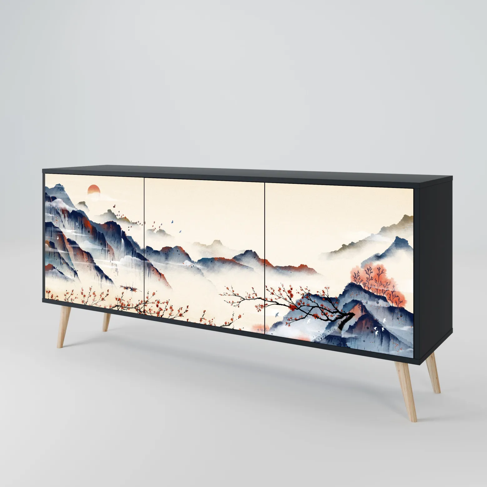 JAPANESE LANDSCAPE Komoda 3 drzwi Czarna-Bukowa skośna