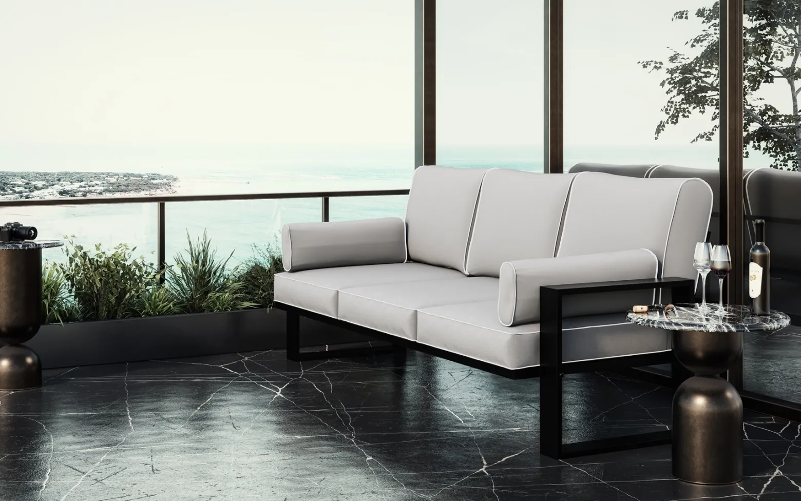 Jasnoszara sofa ogrodowa trzyosobowa czarna noga GARTEN