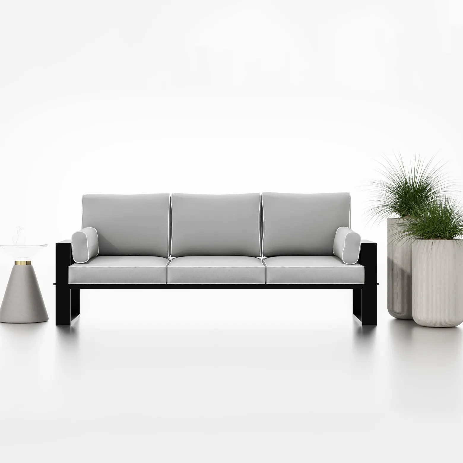 Jasnoszara sofa ogrodowa trzyosobowa czarna noga GARTEN