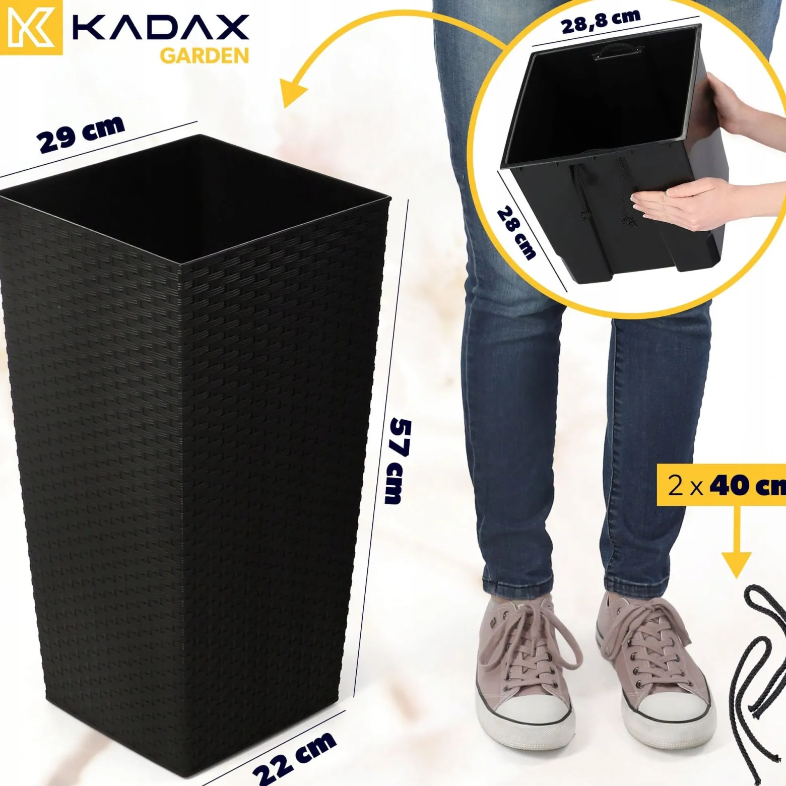 Kadax Donica Doniczka Wkład 29x57cm Wysoka Czarna