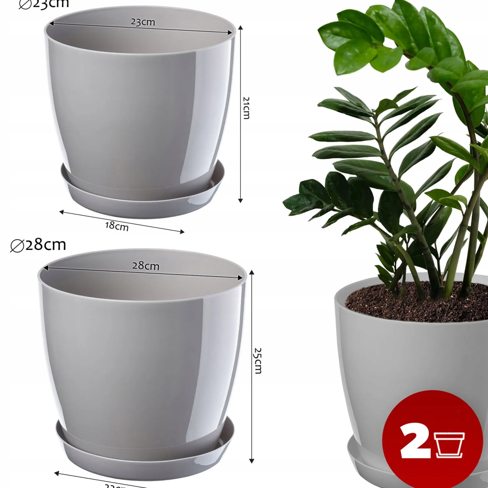 Kadax Doniczka z Podstawką Szara Zestaw 23+28cm