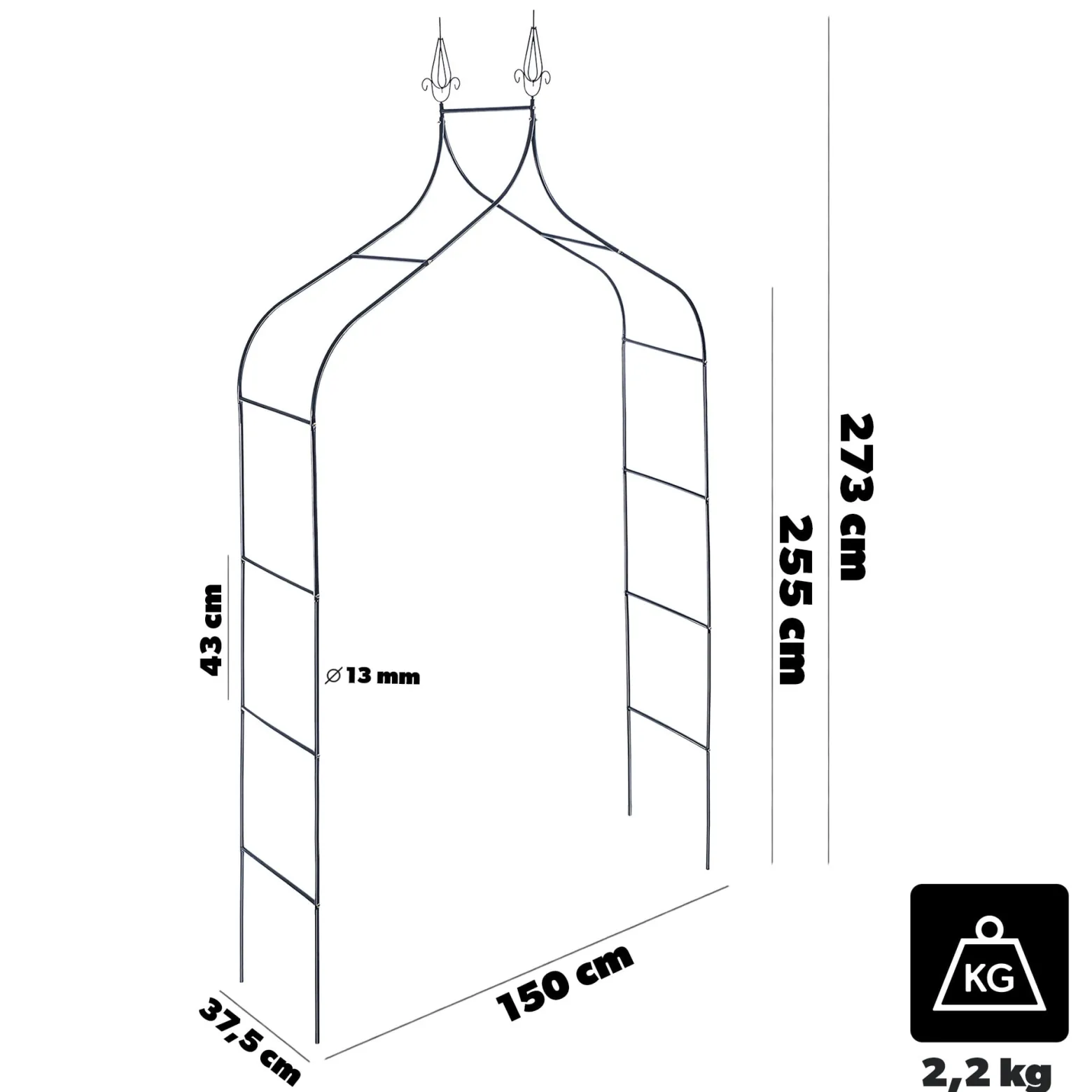 KADAX Pergola Ogrodowa Metalowa 255cm Łuk Kwiaty Na Podpora