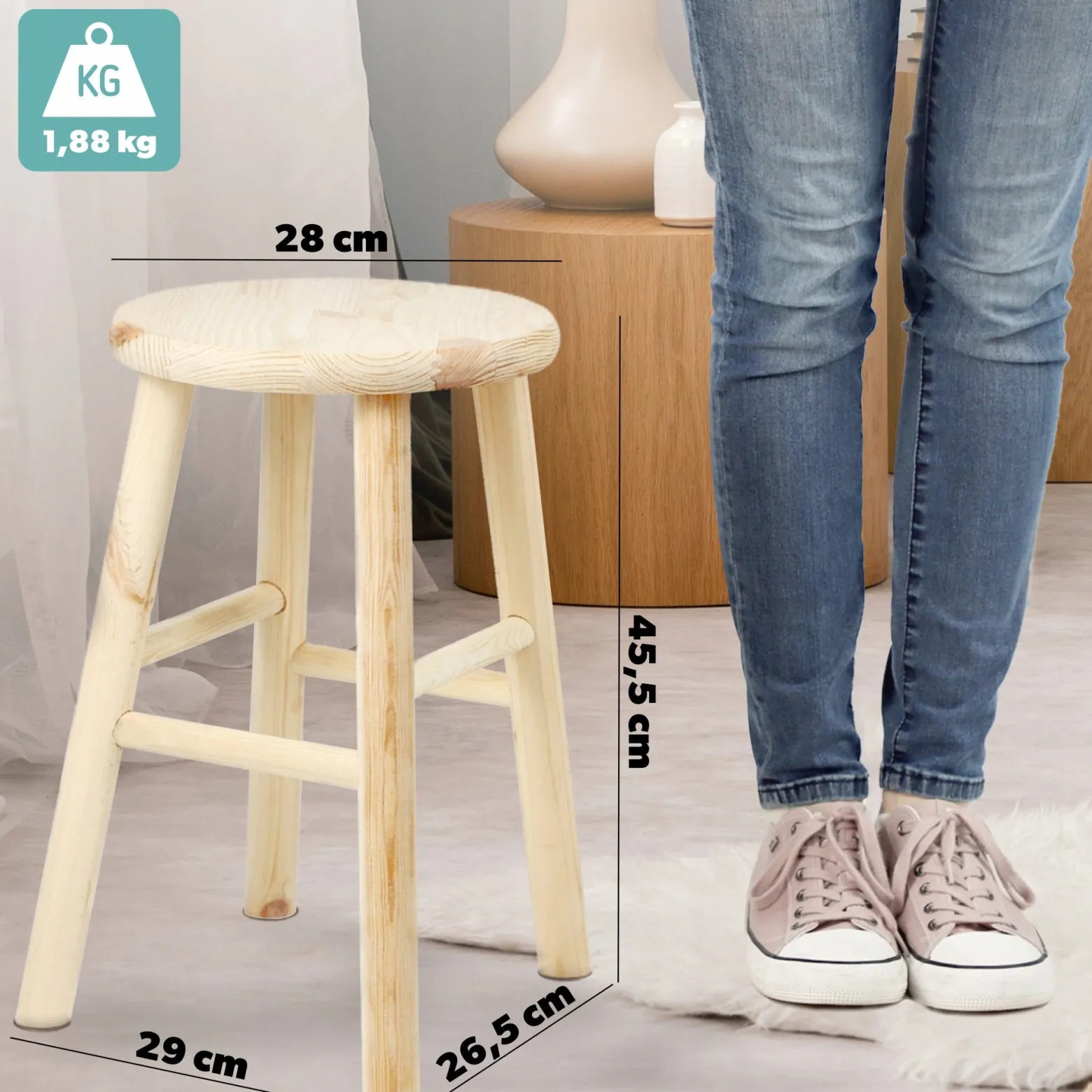 Kadax Taboret Drewniany Stołek Krzesło 46cm 4szt