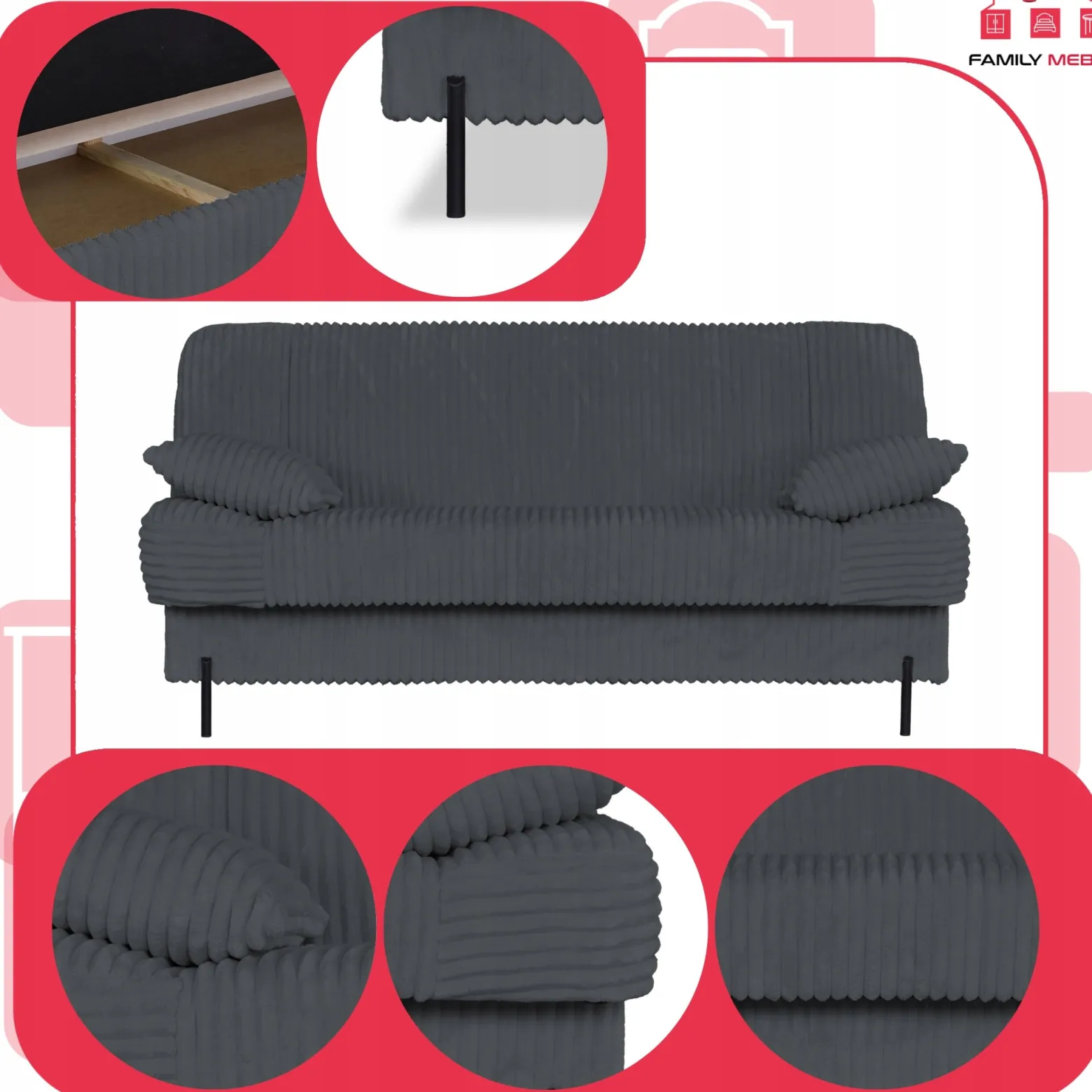 Kanapa sofa Sara rozkładana wersalka do spania Rene Family meble ciem szara