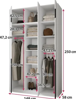 Kaszmirowa wysoka szafa uchylna z półkami i drążkami 150 cm ASAN