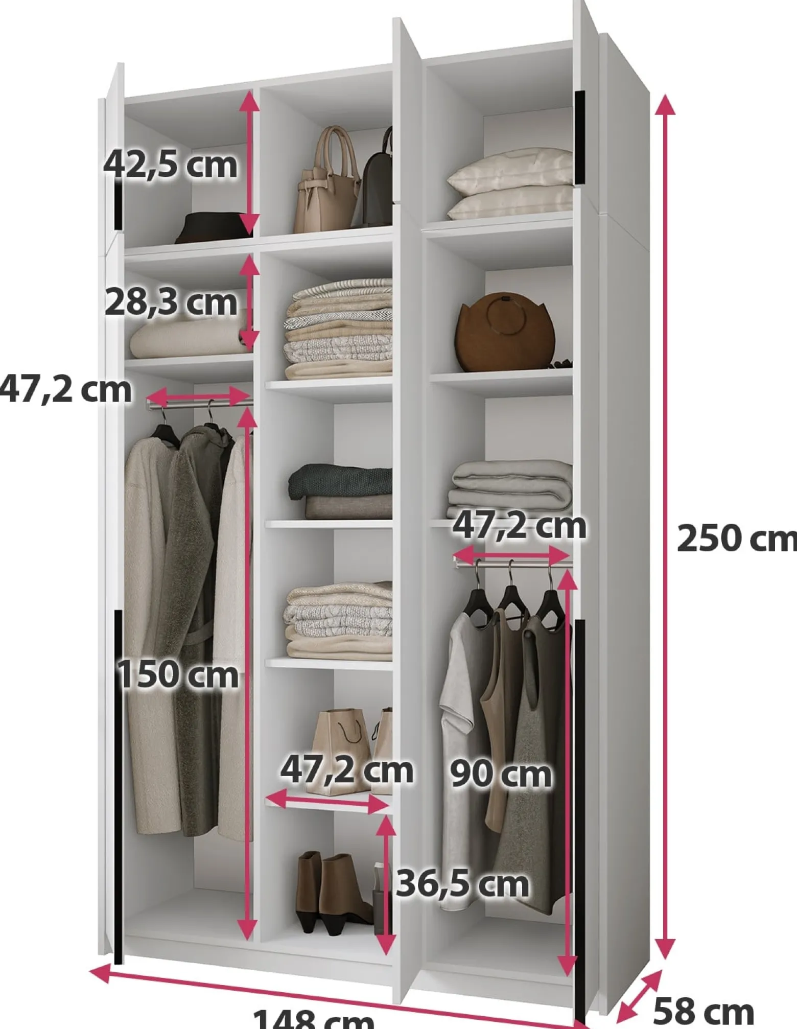 Kaszmirowa wysoka szafa uchylna z półkami i drążkami 150 cm ASAN