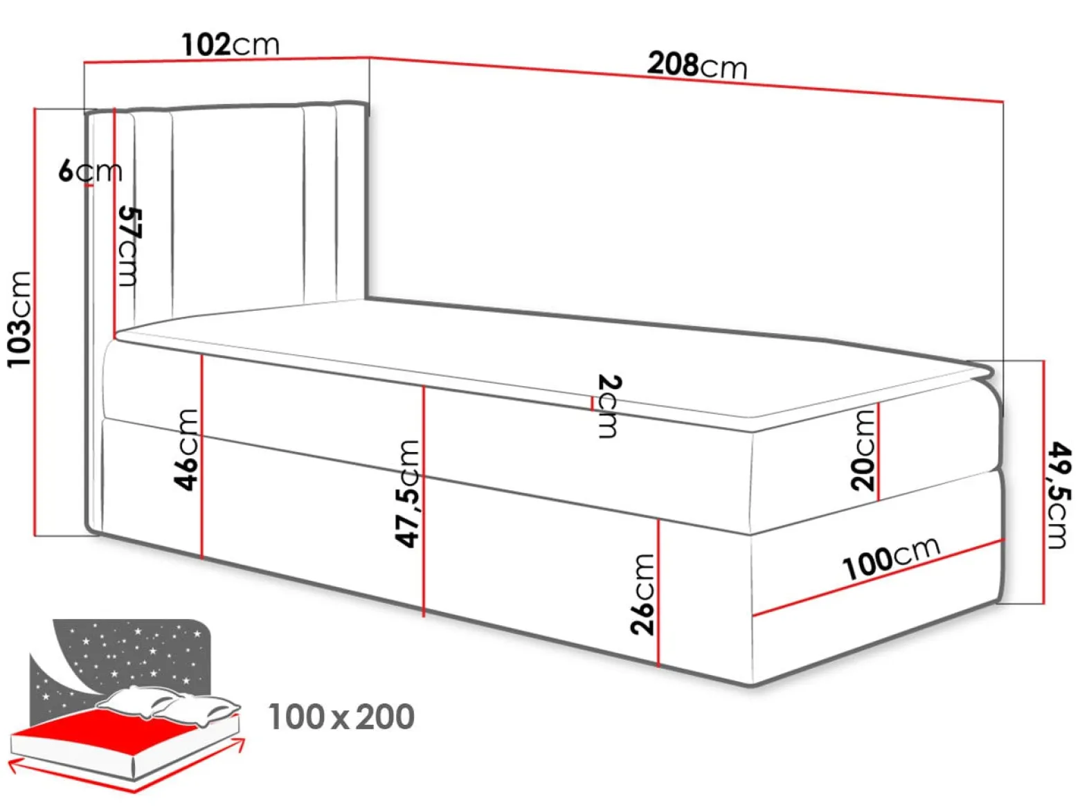 Łóżko kontynentalne Carmen Mini 100x200, Strona: Prawa