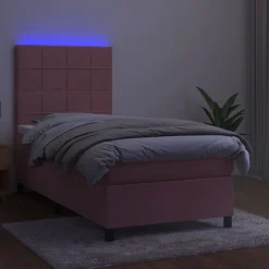 Łóżko kontynentalne z materacem i LED, różowy aksamit 100x200cm