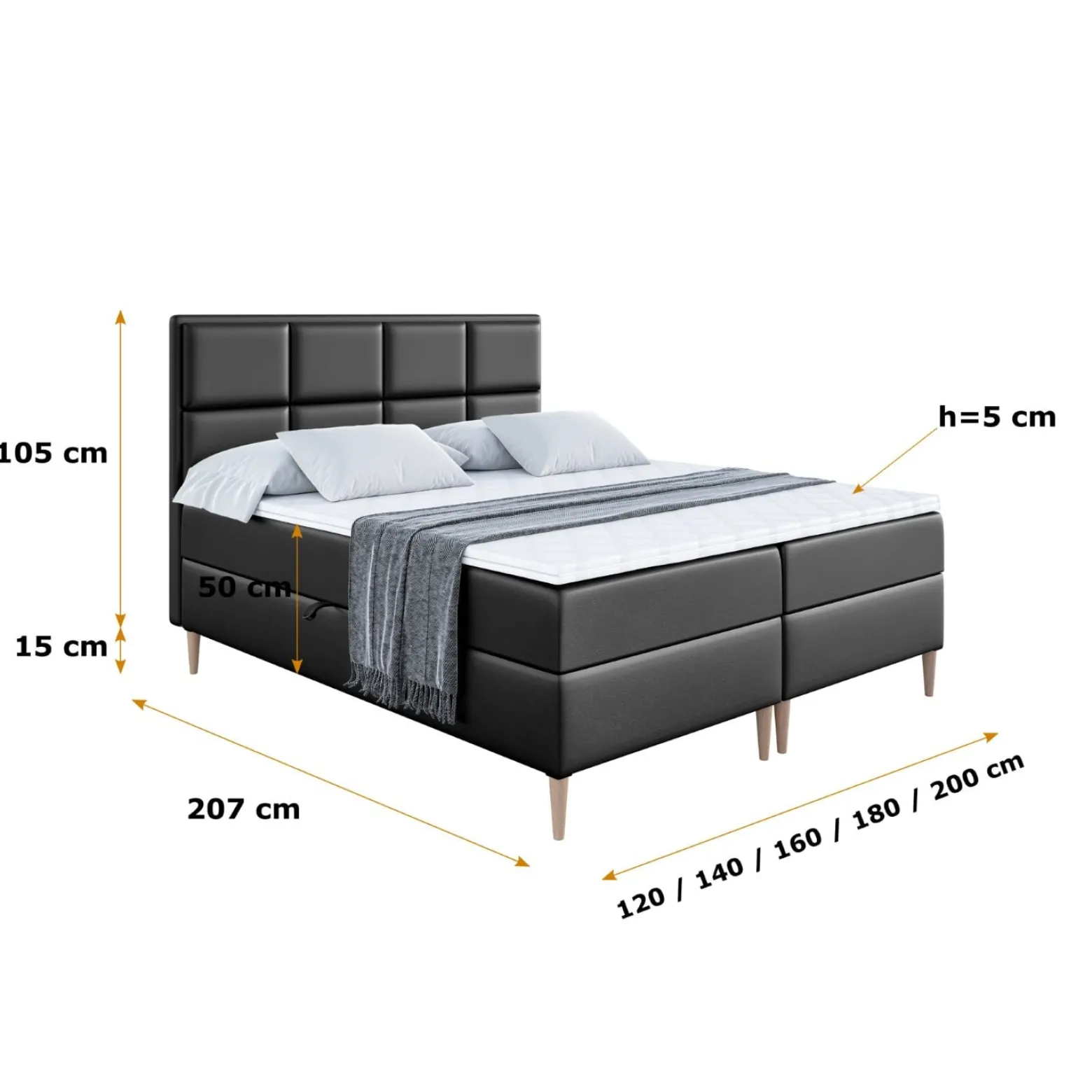 Łóżko kontynentalne z pojemnikiem, materacem i nóżkami NOVA-FD 120x200 cm