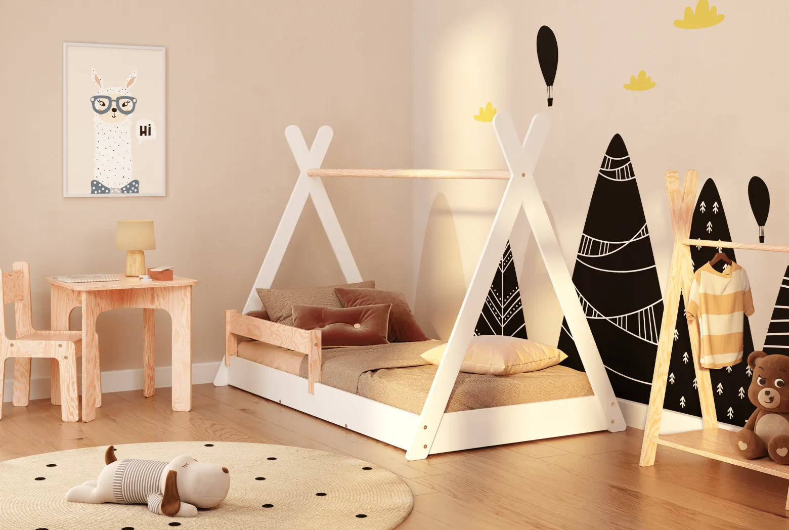 Łóżko podłogowe pojedyncze drew. TIPI FLOOR Białe SMARTWOOD®