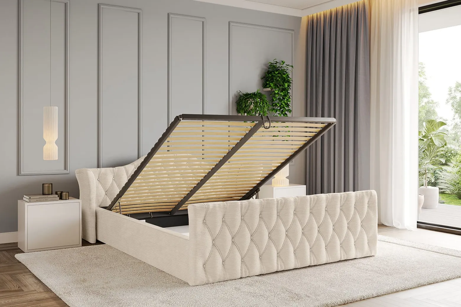 Łóżko tapicerowane z materacem + pojemnik ZORA-v1-Z-120x200 cm Beżowy