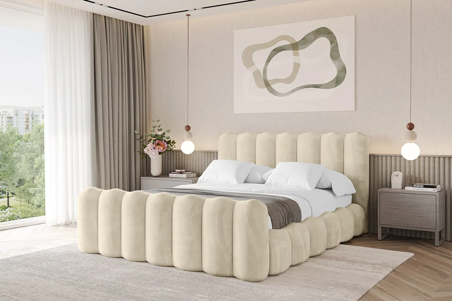 Łóżko tapicerowane z materacem + pojemnik SORA-Z - 120x200 cm Beżowy
