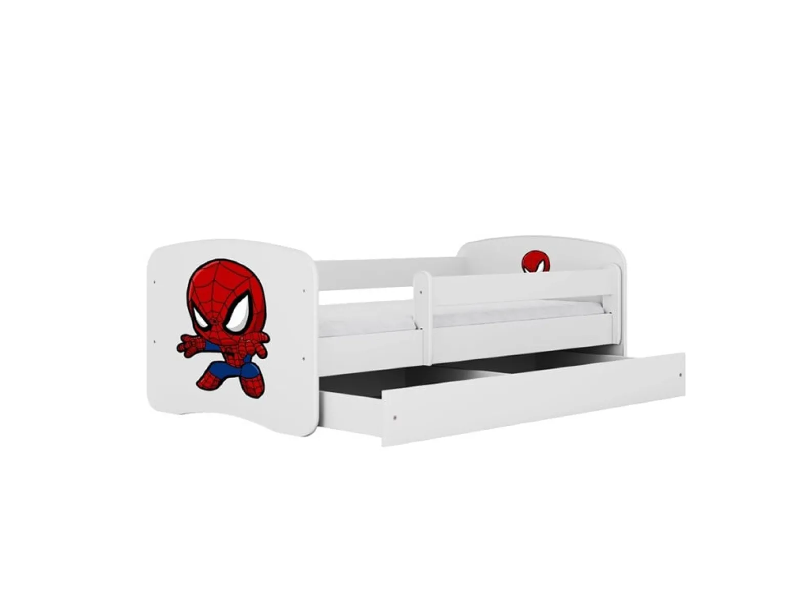 Łóżko Babydreams białe Spiderman z szufladą materac piankowy 140x70