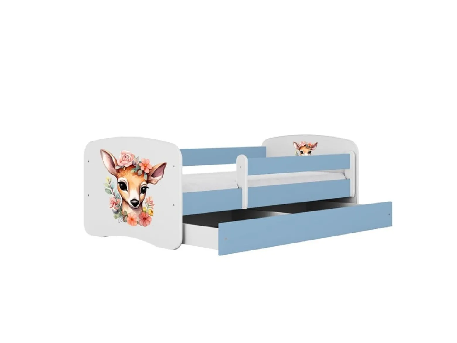 Łóżko Babydreams niebieskie Bambi z szufladą materac piankowy 140x70