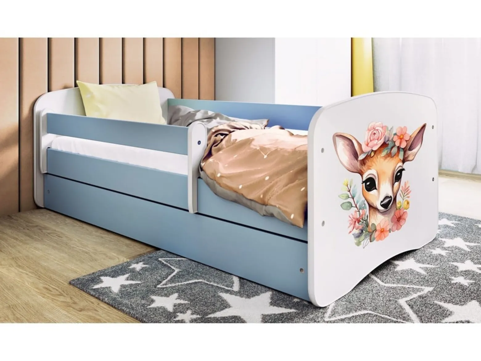 Łóżko Babydreams niebieskie Bambi z szufladą materac piankowy 140x70