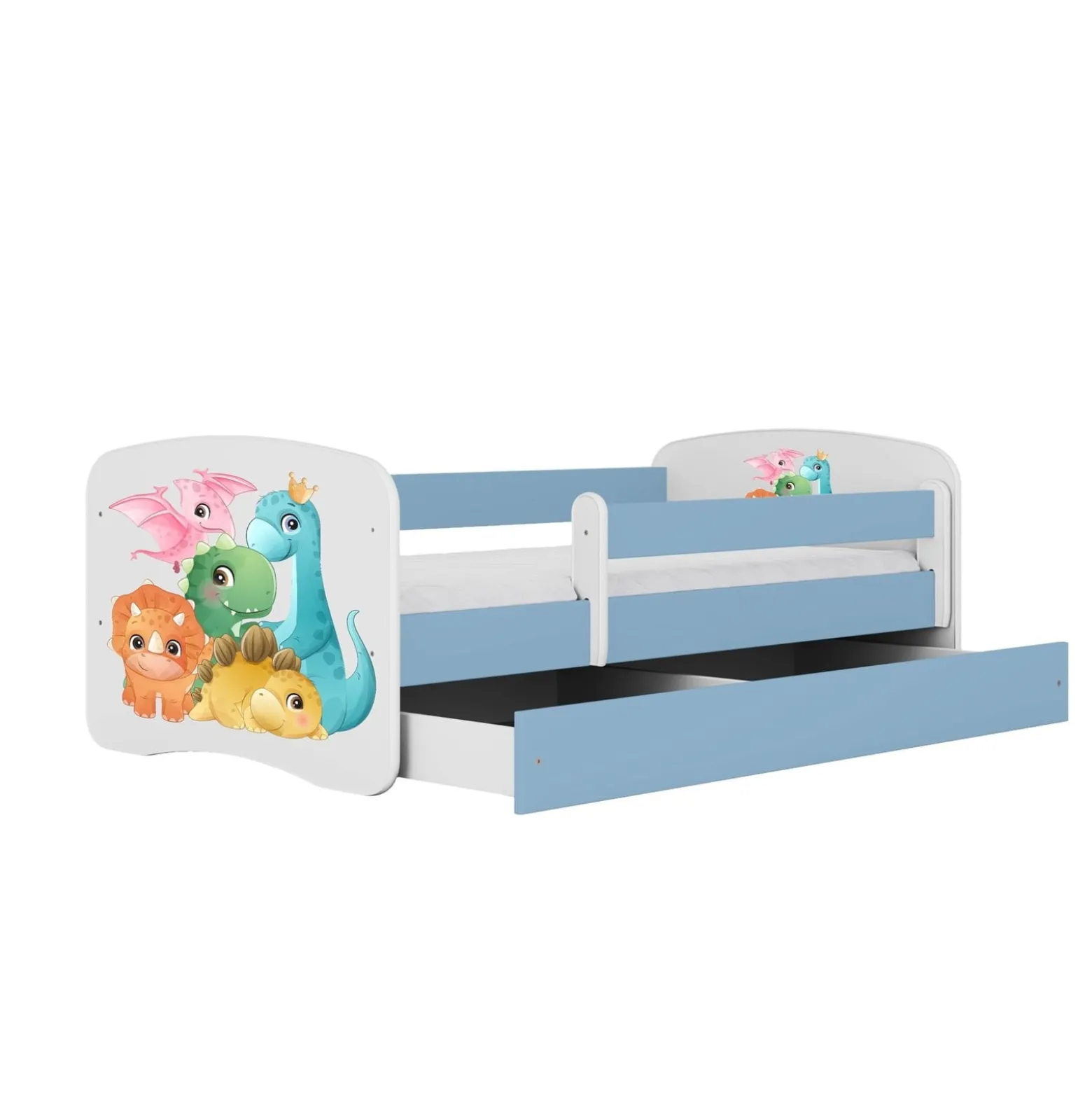 Łóżko Babydreams niebieskie Dinusie z szufladą materac piankowy 160x80