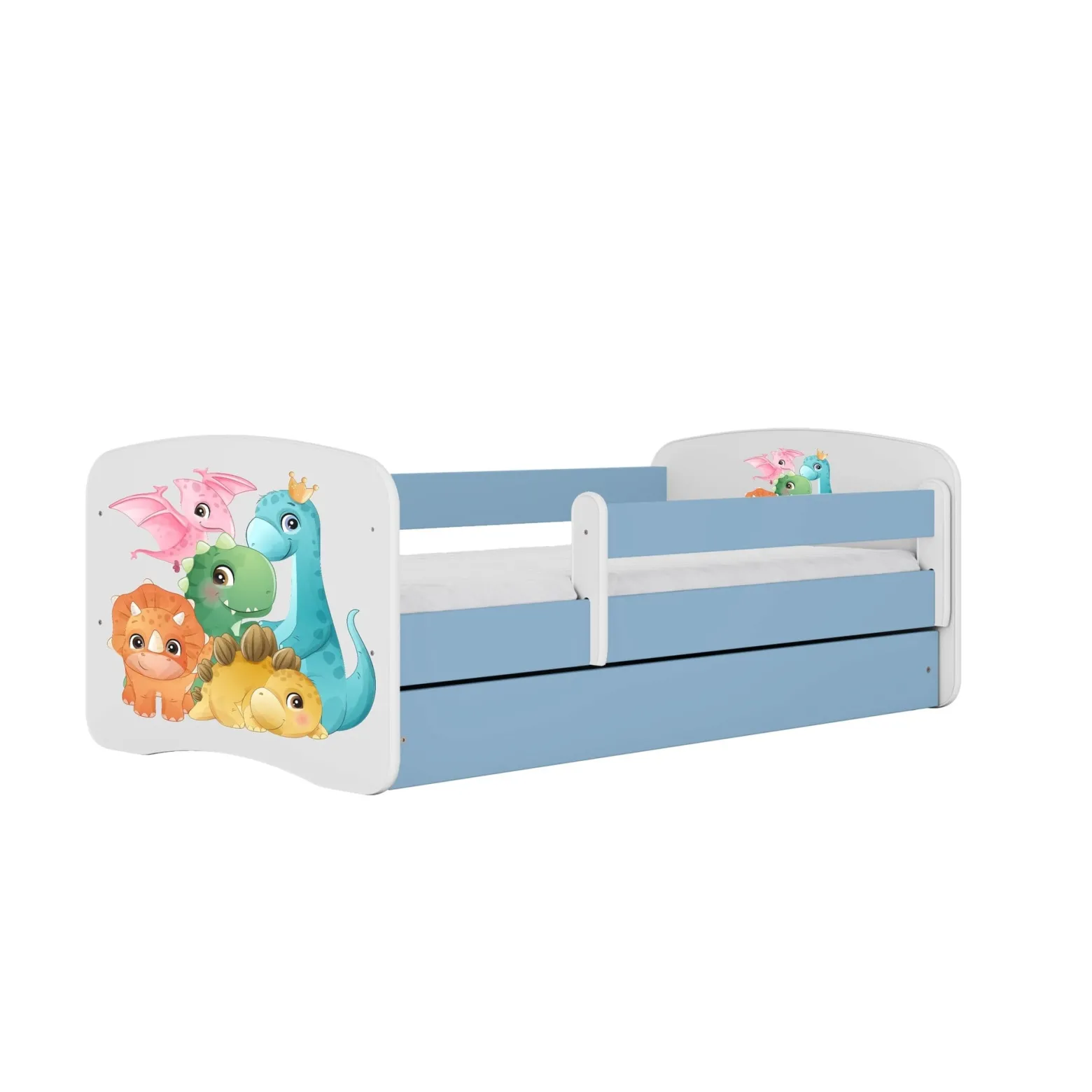 Łóżko Babydreams niebieskie Dinusie z szufladą materac piankowy 160x80