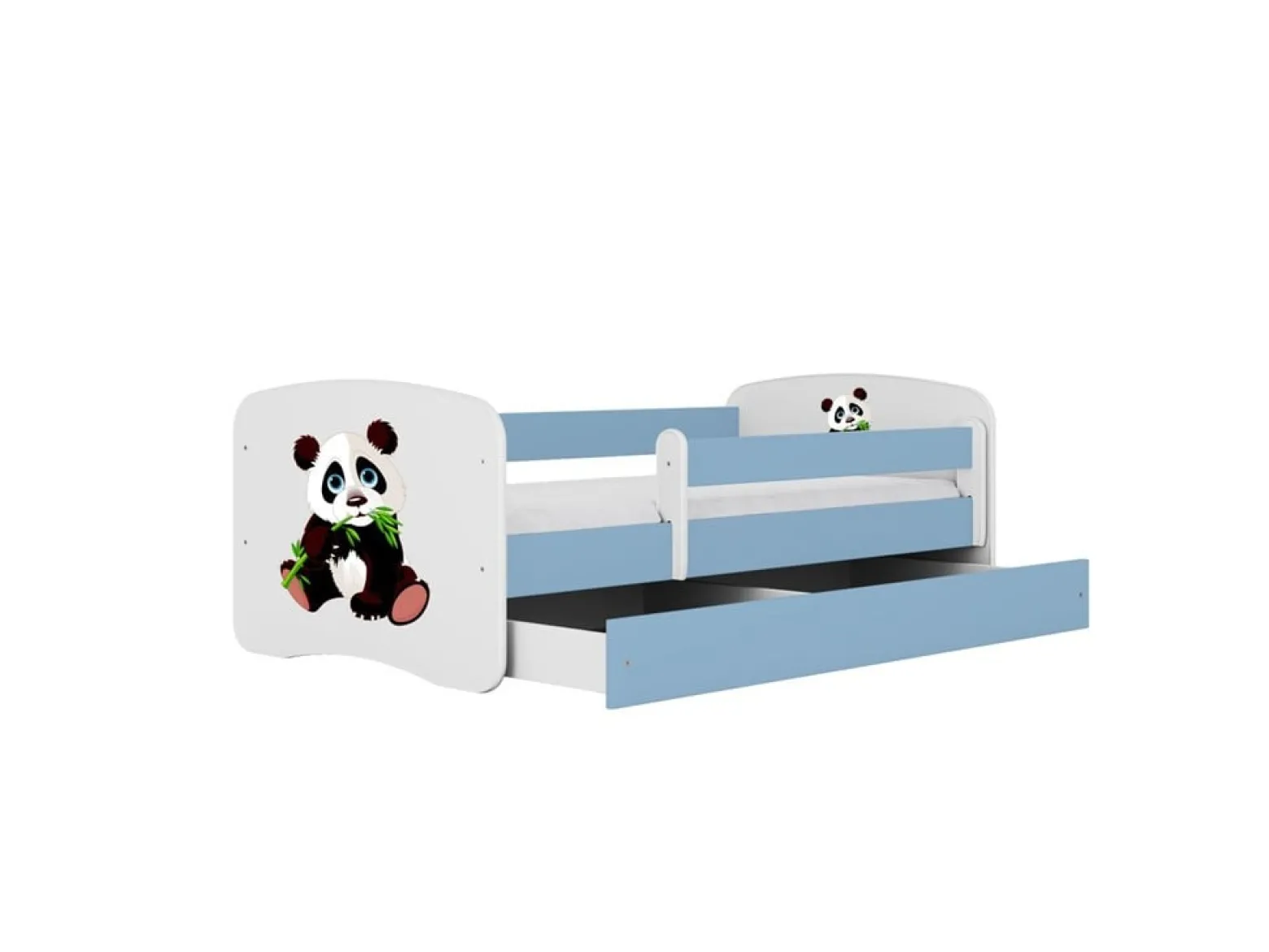 Łóżko Babydreams niebieskie Panda 2 z szufladą materac piankowy 180x80