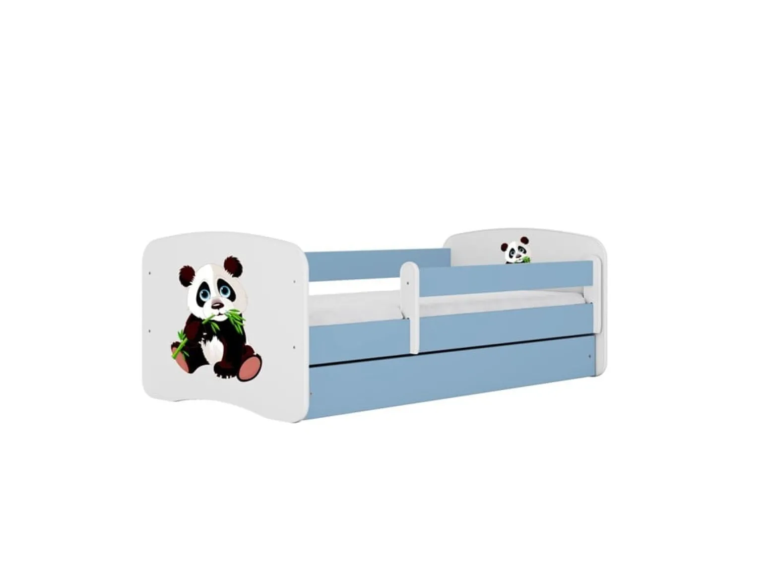 Łóżko Babydreams niebieskie Panda 2 z szufladą materac piankowy 180x80