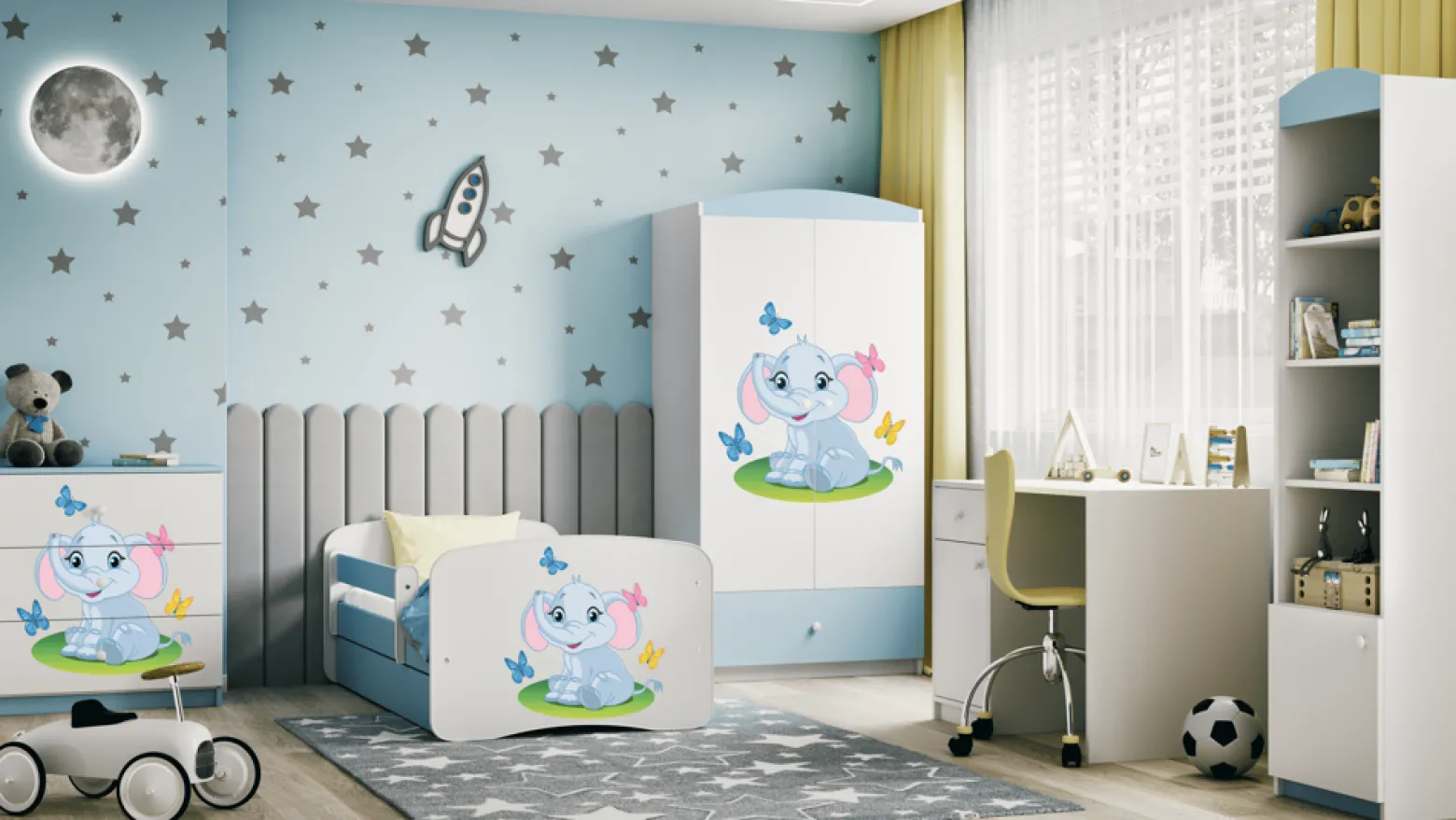 Łóżko Babydreams niebieskie Słonik z szufladą materac piankowy 180x80