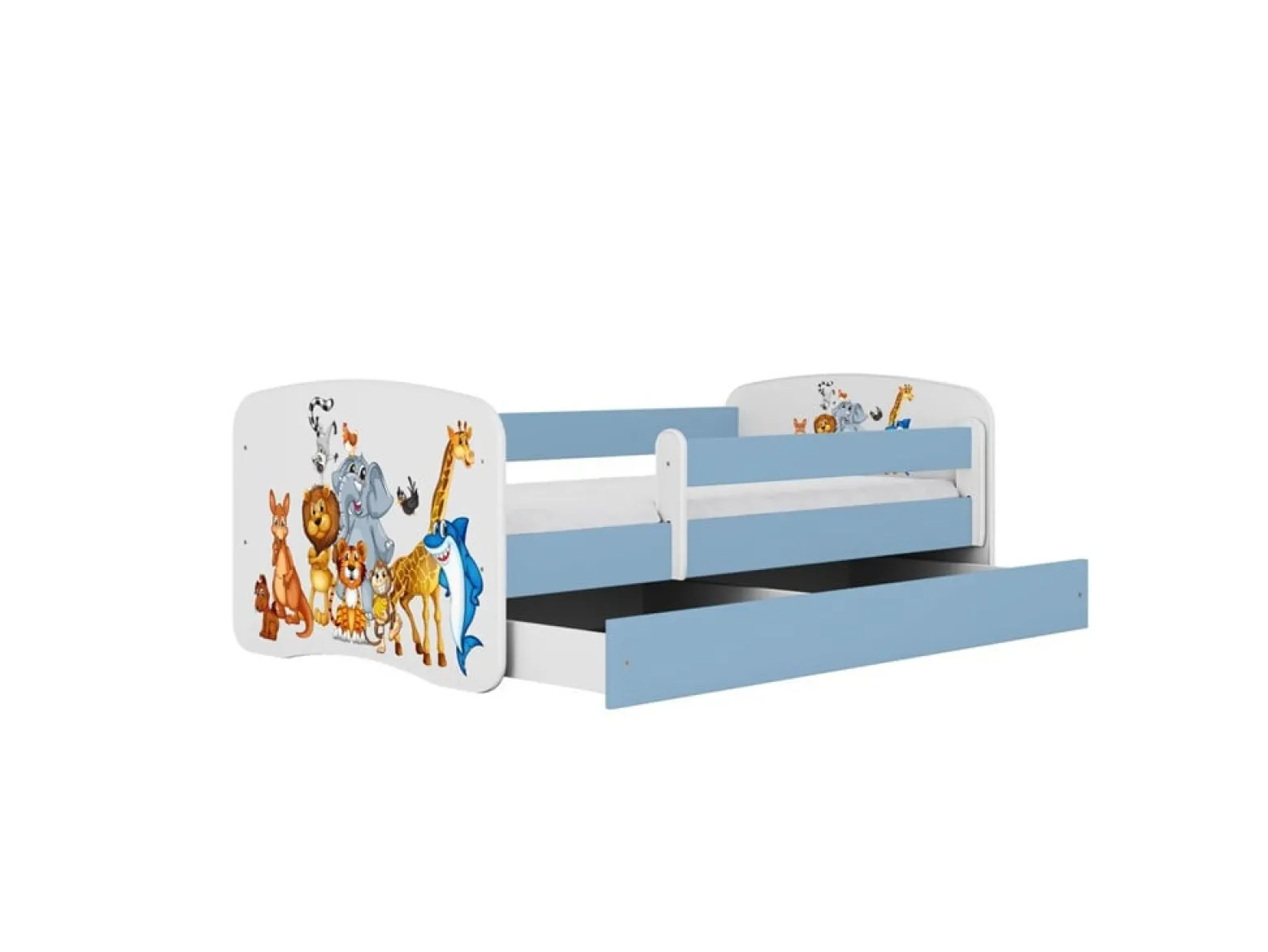 Łóżko Babydreams niebieskie Zwierzęta z szufladą materac piankowy 180x80