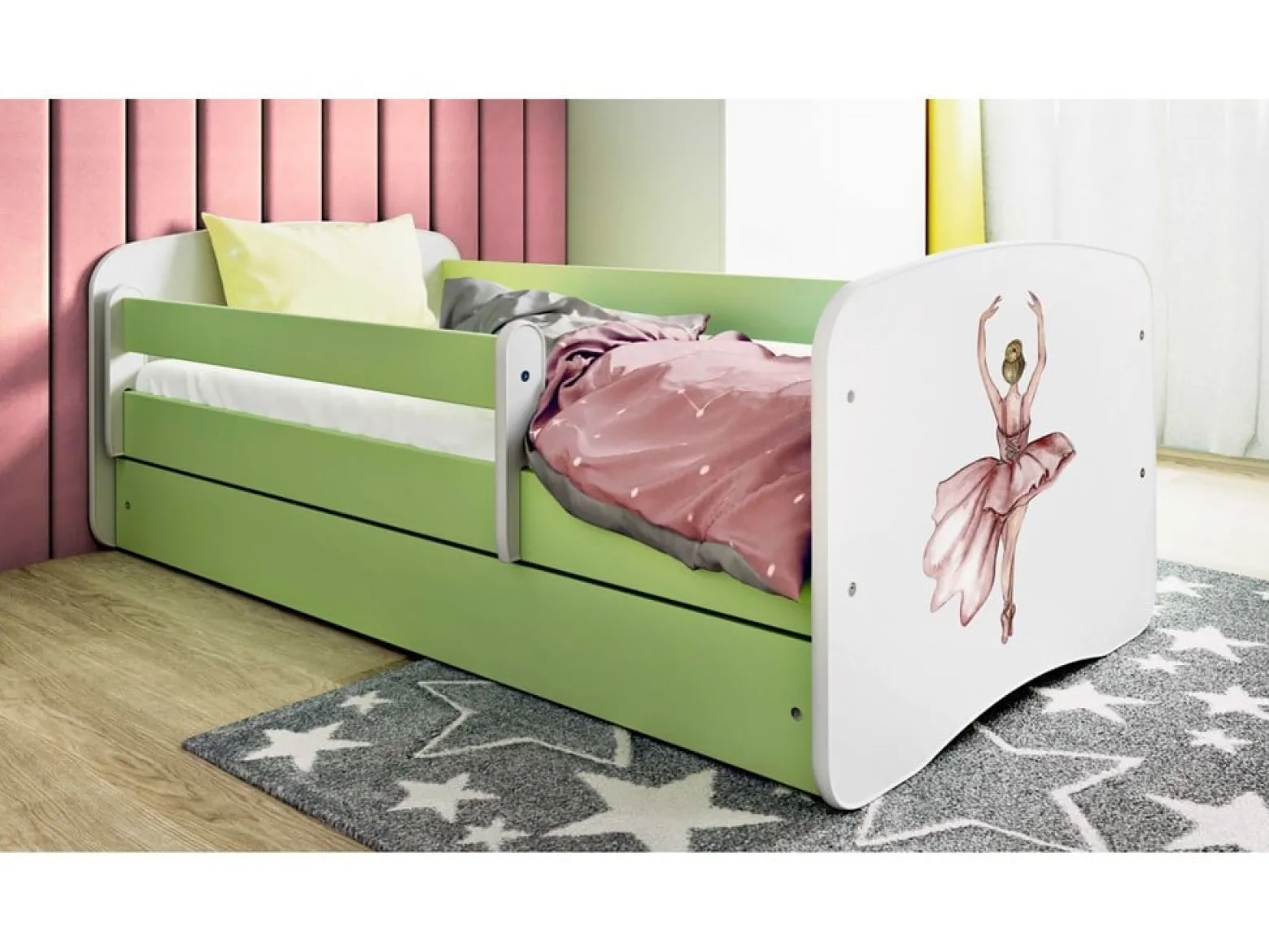 Łóżko Babydreams zielone Tancerka z szufladą materac piankowy 180x80